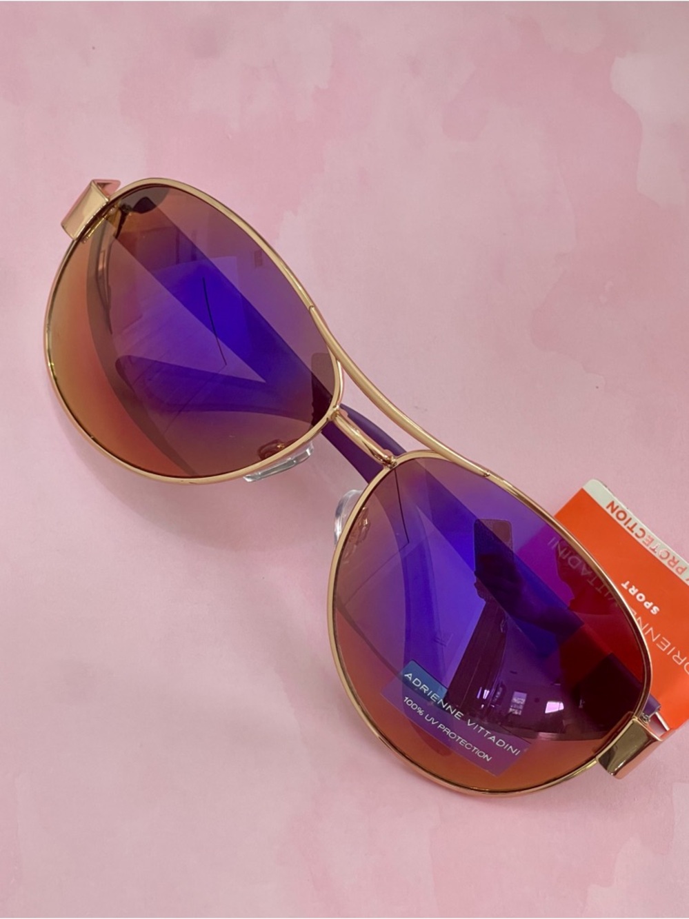 Adrienne Vittadini Gold Frame Aviator Sunglasses with Purple Mirrored Lenses